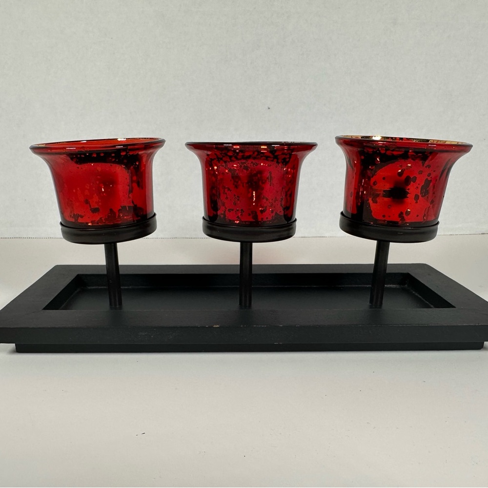 Red Mercury Glass Triple Tea Light Candle Holder Set Tray with Rocks